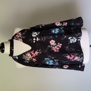 LUSH Black Off Shoulder Bell Sleeve Top Halter Neckline Deep V  Floral Size M